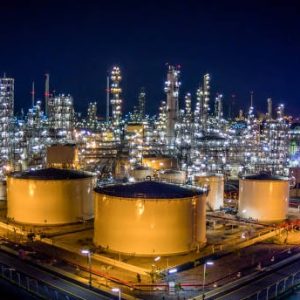 Oil refinery plant from bird eye view at night